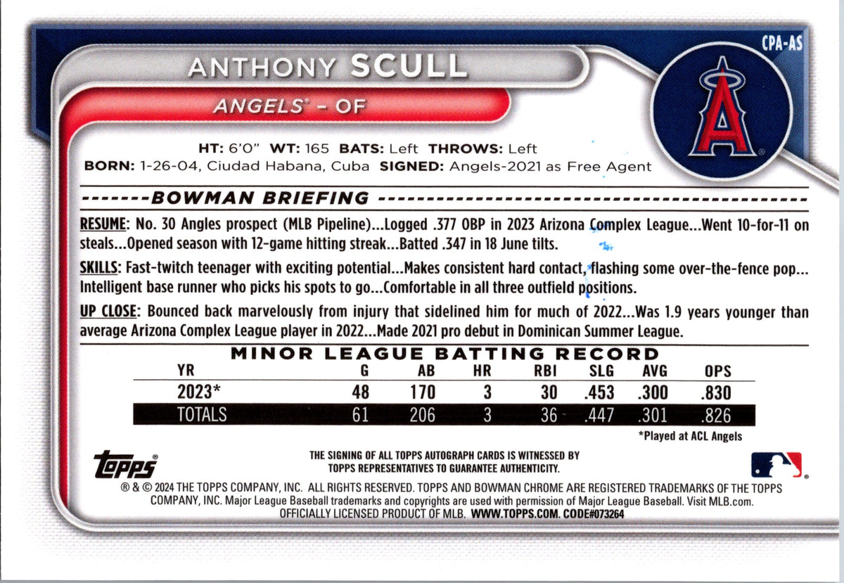 2024 Bowman #CPA-AS Anthony Scull Chrome Prospect Autographs