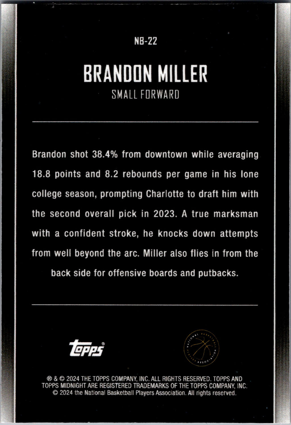 2023-24 NB22 Brandon Miller Topps Midnight #75