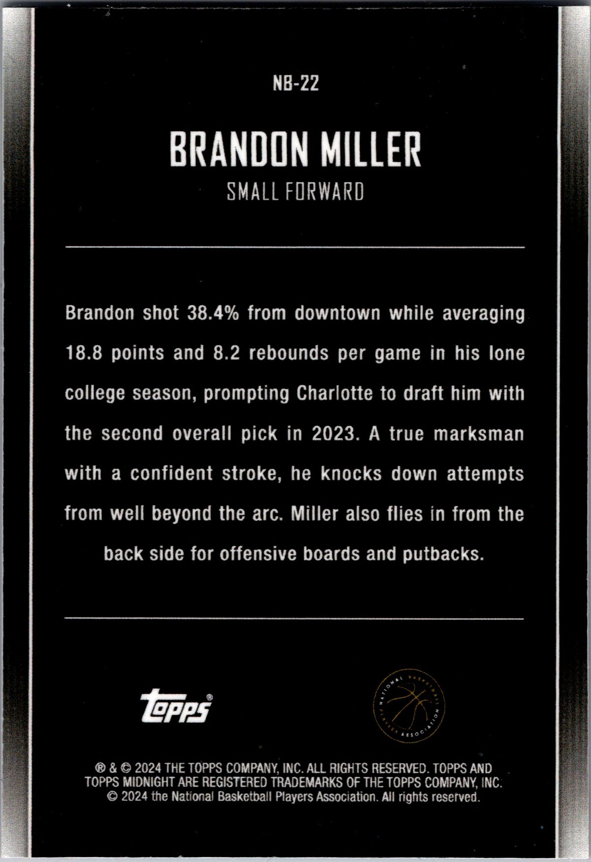 2023-24 NB22 Brandon Miller Topps Midnight #75