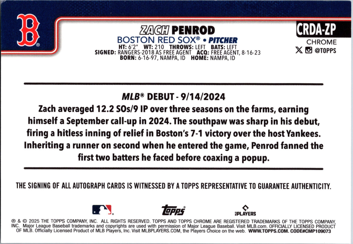2025 Topps Chrome Update #CRDA-ZP Zach Penrod Rookie Debut Autographs