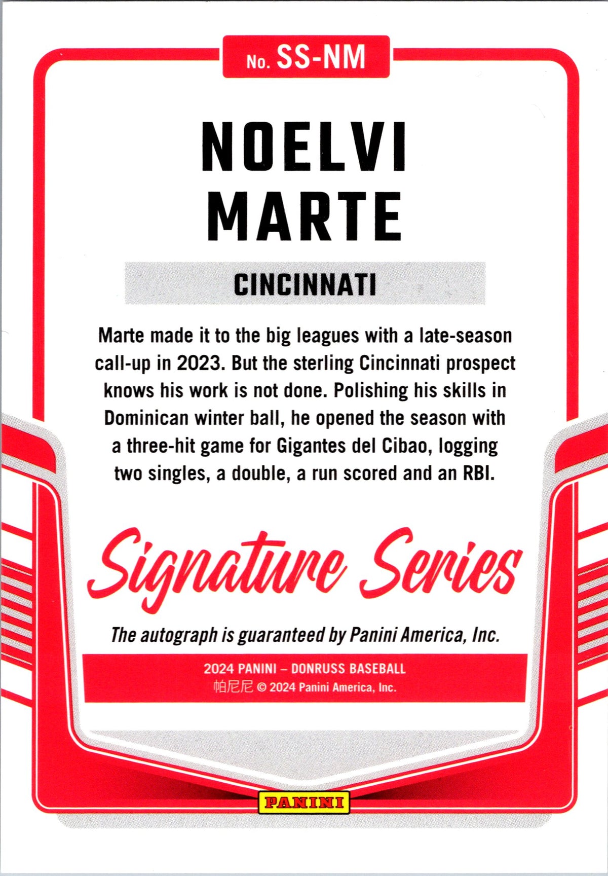 2024 Donruss #SS-NM Noelvi Marte Signature Series Silver Laser/Holo
