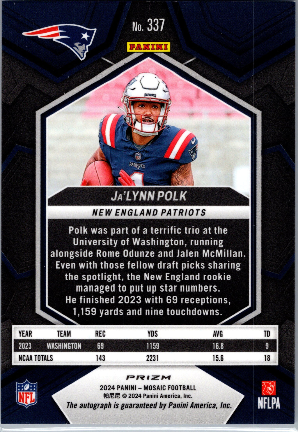 2024 Panini Mosaic #337 Ja'Lynn Polk Rookie Autographs Mosaic No Huddle Blue