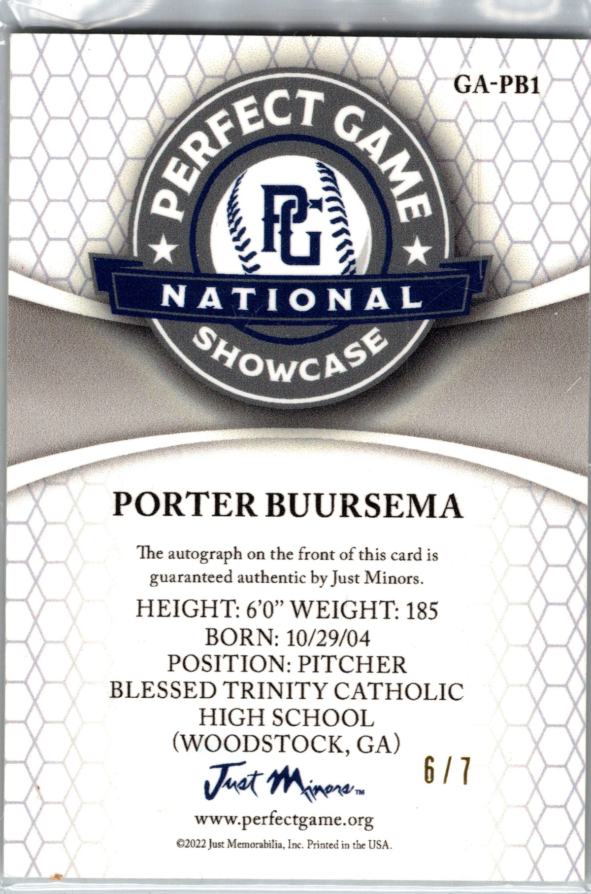 2022 Leaf Perfect Game #GA-PB1 Porter Buursema Gems Autographs Lemon Yellow #/7