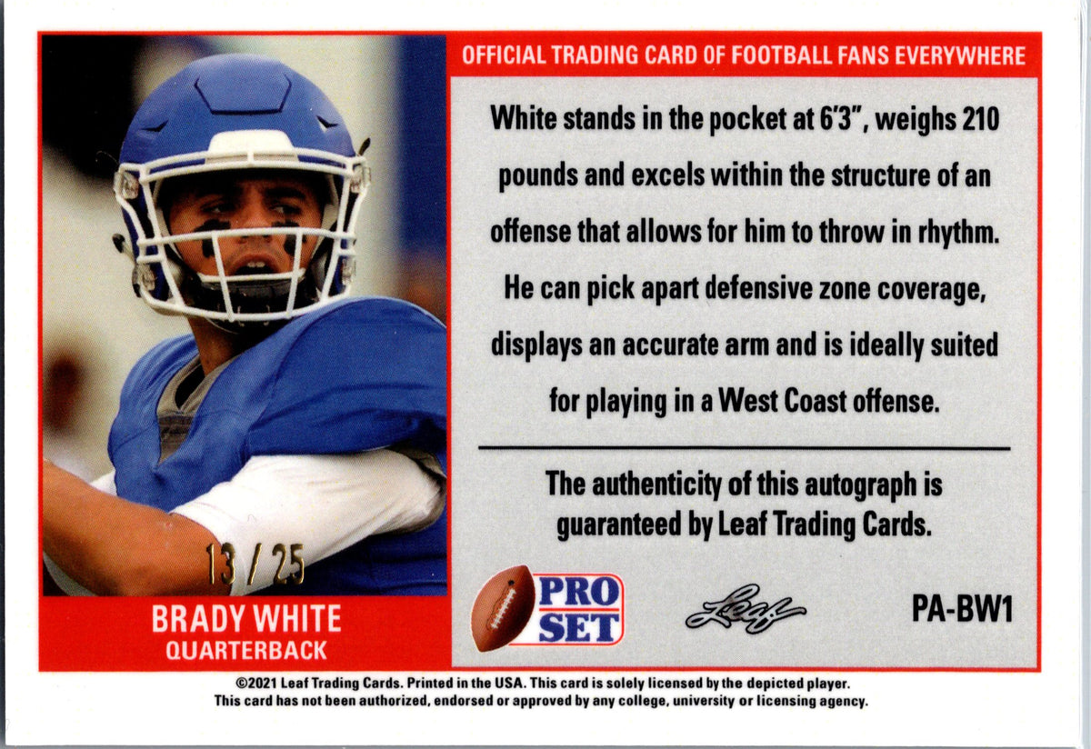 2021 Pro Set Metal #PA-BW1 Brady White 1989 Auto XRC Crystals Red Prospect #/50