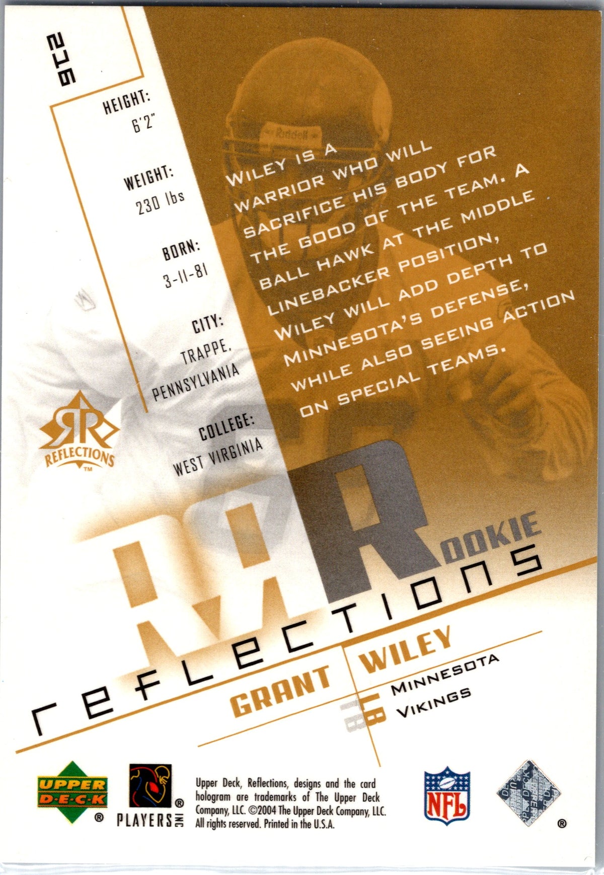 2004 Upper Deck Reflections #216 Grant Wiley #/1150