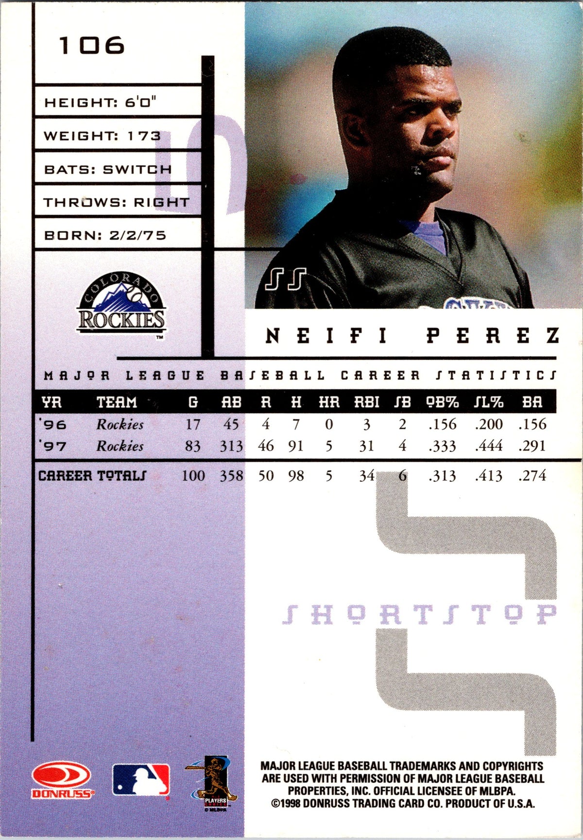 1998 Leaf Rookies & Stars #106 Neifi Perez True Blue