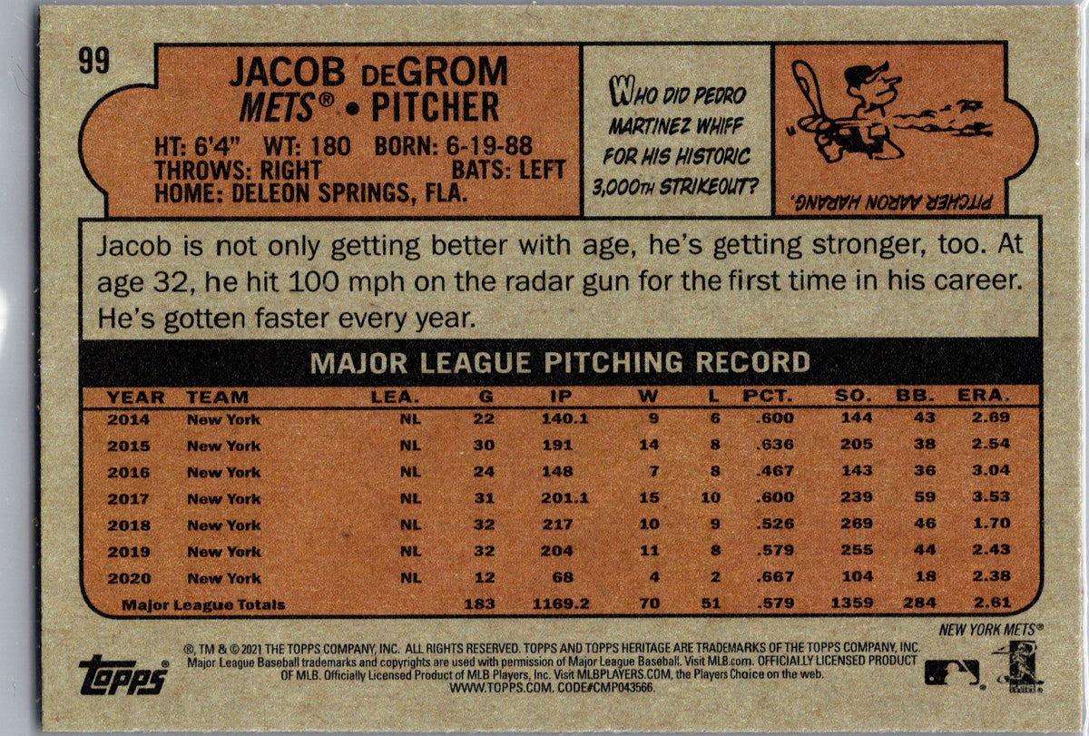 2021 Topps Heritage #99 Jacob deGrom Chrome Purple Refractor