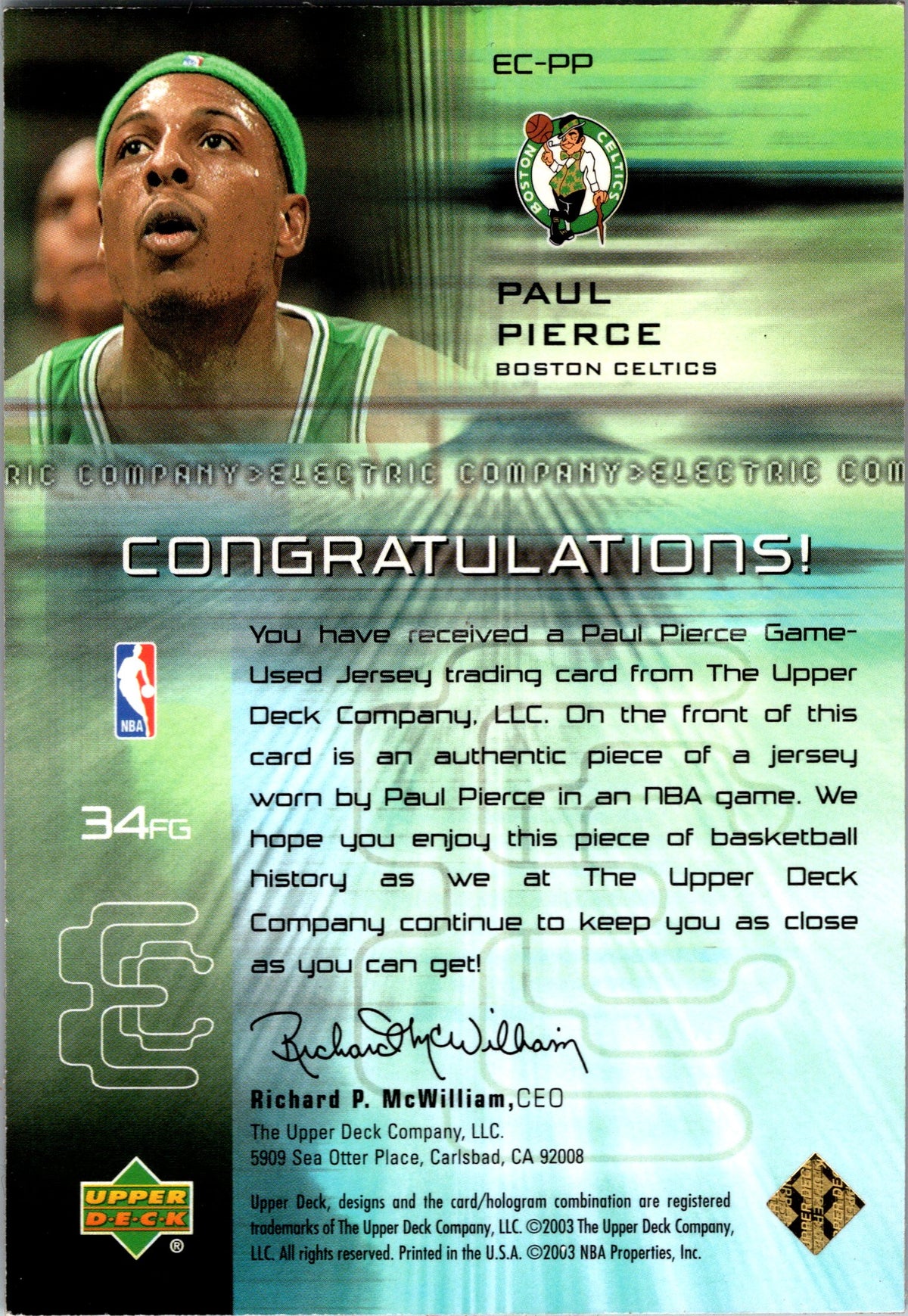 2002-03 Upper Deck #EC-PP Paul Pierce Electric Company Jerseys
