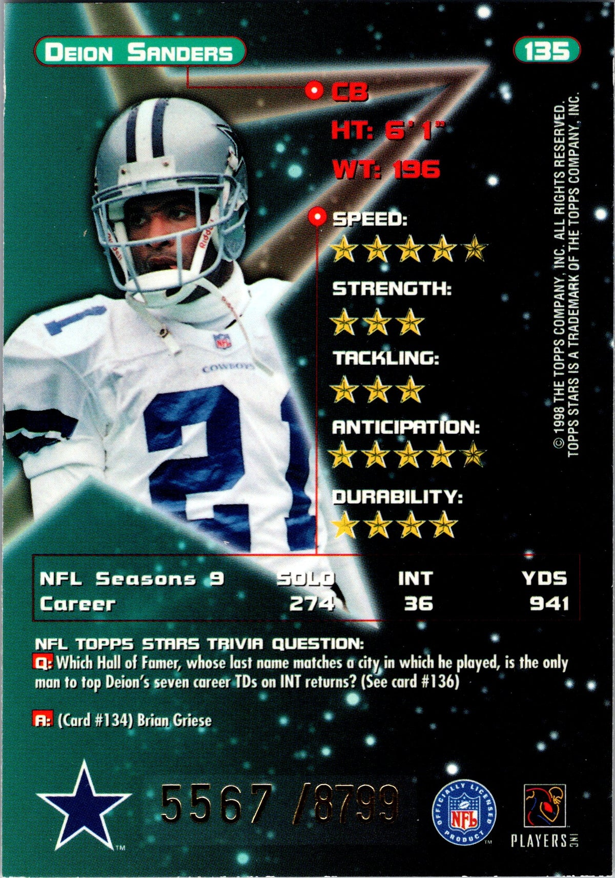 1998 Topps Stars #135 Deion Sanders Gold Star #/1999