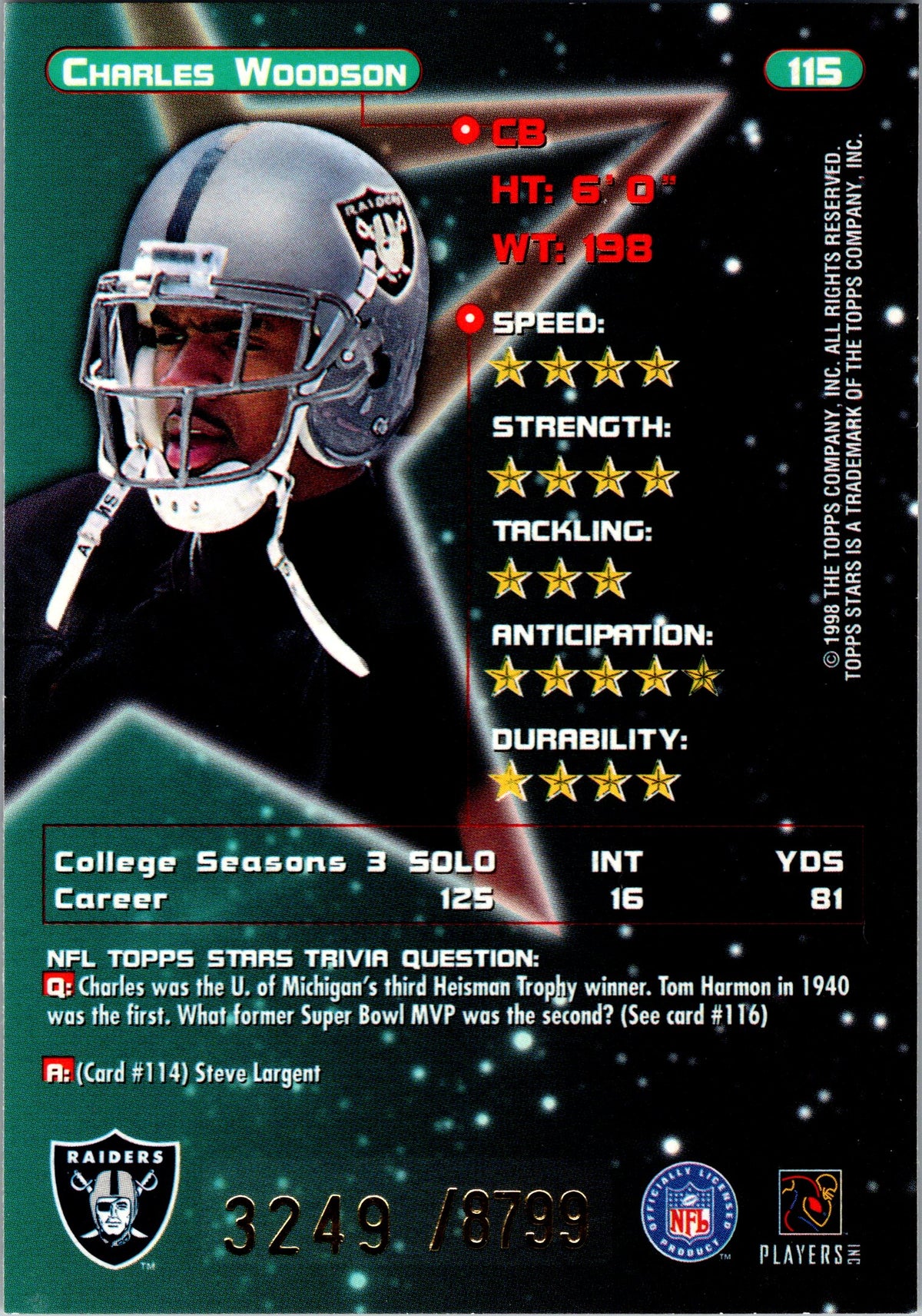 1998 Topps Stars #115 Charles Woodson #/8799