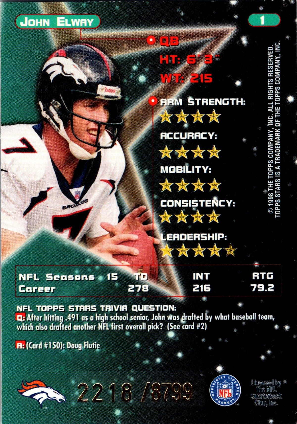 1998 Topps Stars #1 John Elway Bronze Star #/8799