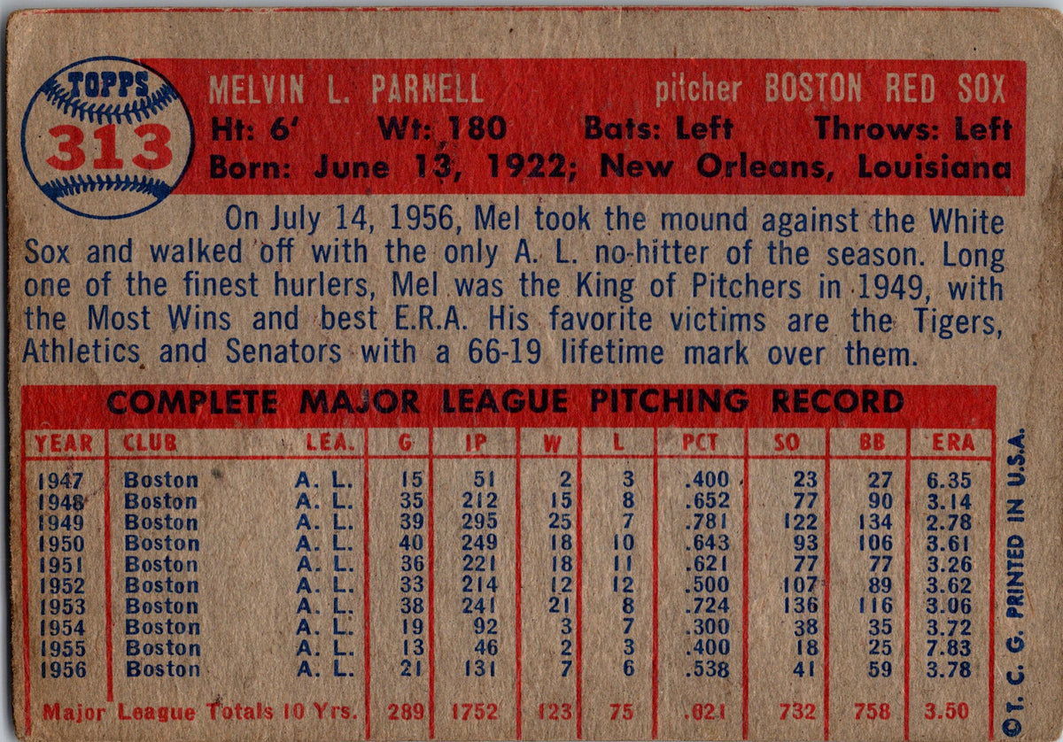 1957 Topps #313 Mel Parnell