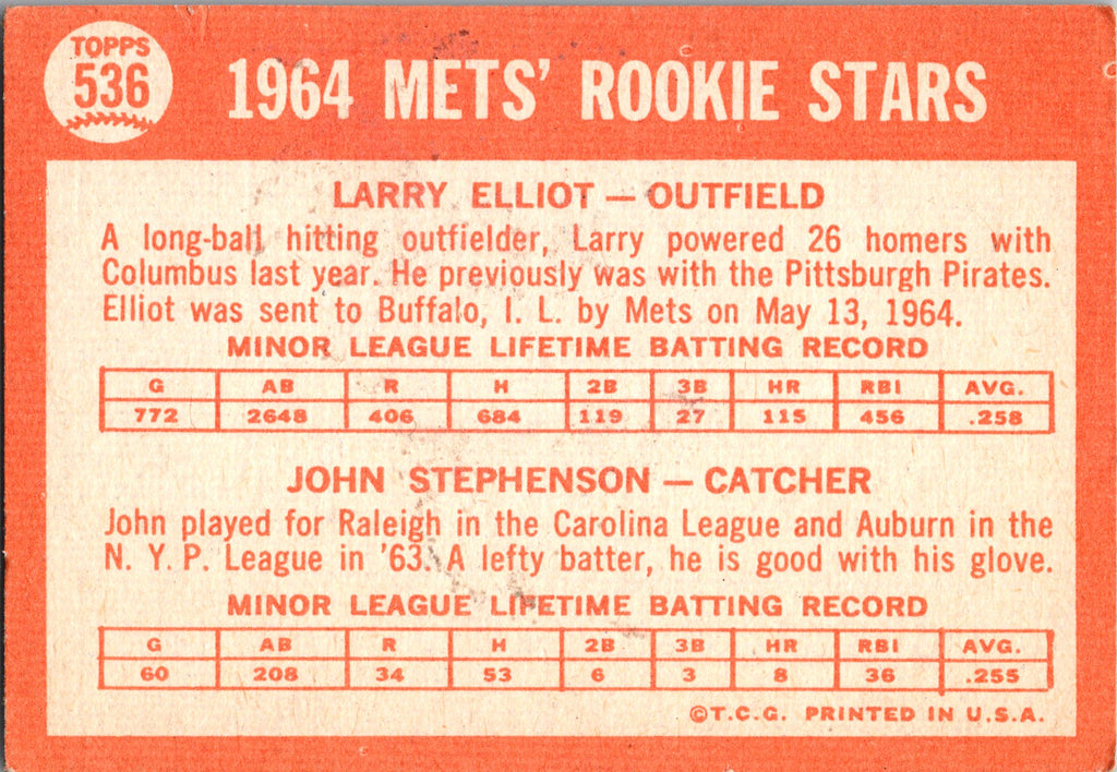 1964 Topps #536 Mets 1964 Rookie Stars (Larry Elliot / John Stephenson)
