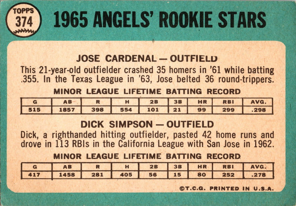 1965 Topps #374 Angels 1965 Rookie Stars (Jose Cardenal / Dick Simpson)