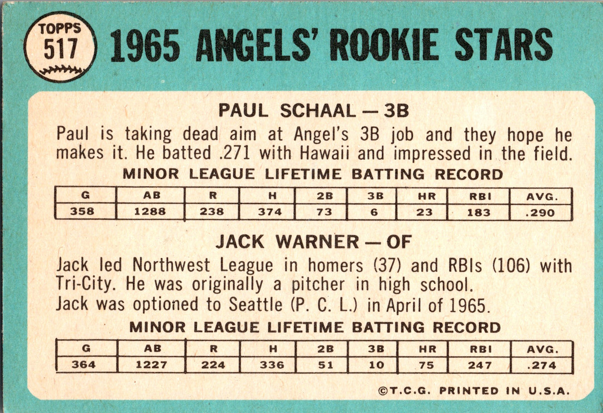 1965 Topps #517 Angels 1965 Rookie Stars (Paul Schaal / Jack Warner)