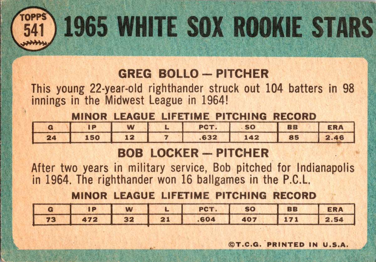 1965 Topps #541 White Sox 1965 Rookie Stars (Greg Bollo / Bob Locker)