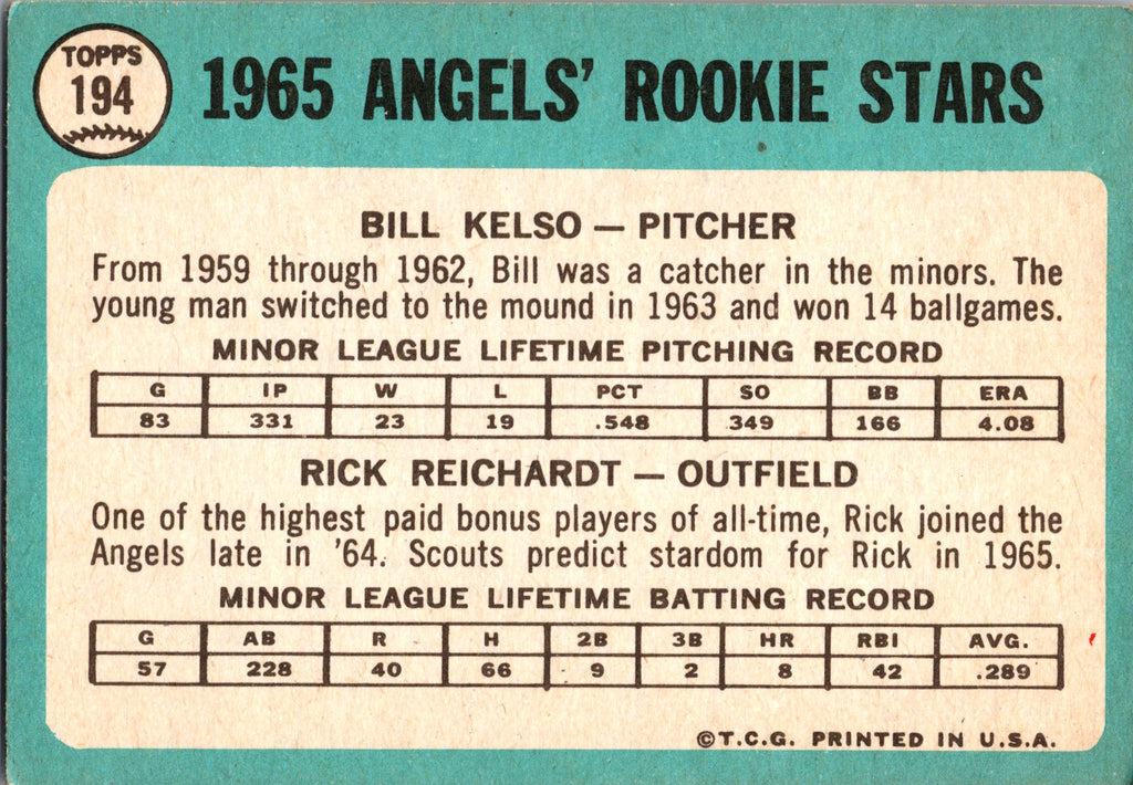 1965 Topps #194 Angels 1965 Rookie Stars (Bill Kelso / Rick Reichardt)