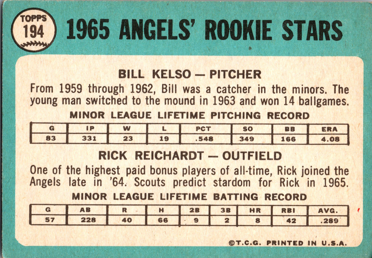 1965 Topps #194 Angels 1965 Rookie Stars (Bill Kelso / Rick Reichardt)