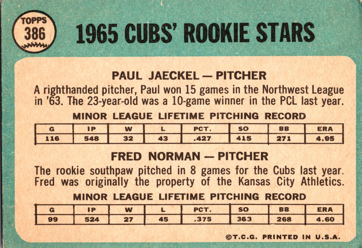 1965 Topps #386 Cubs 1965 Rookie Stars (Paul Jaeckel / Fred Norman)