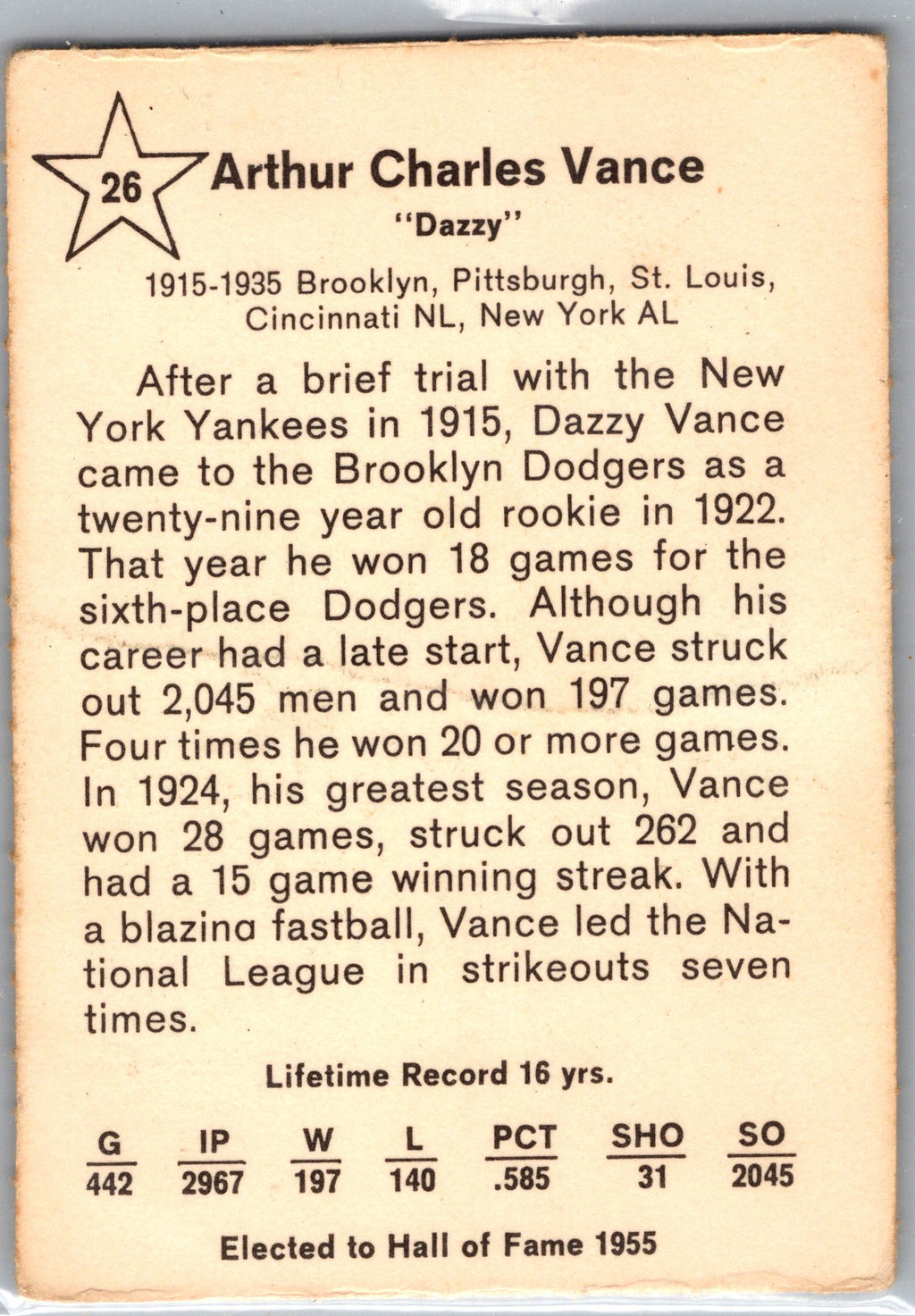 1961 Golden Press Hall of Fame Baseball Stars #26 Dazzy Vance