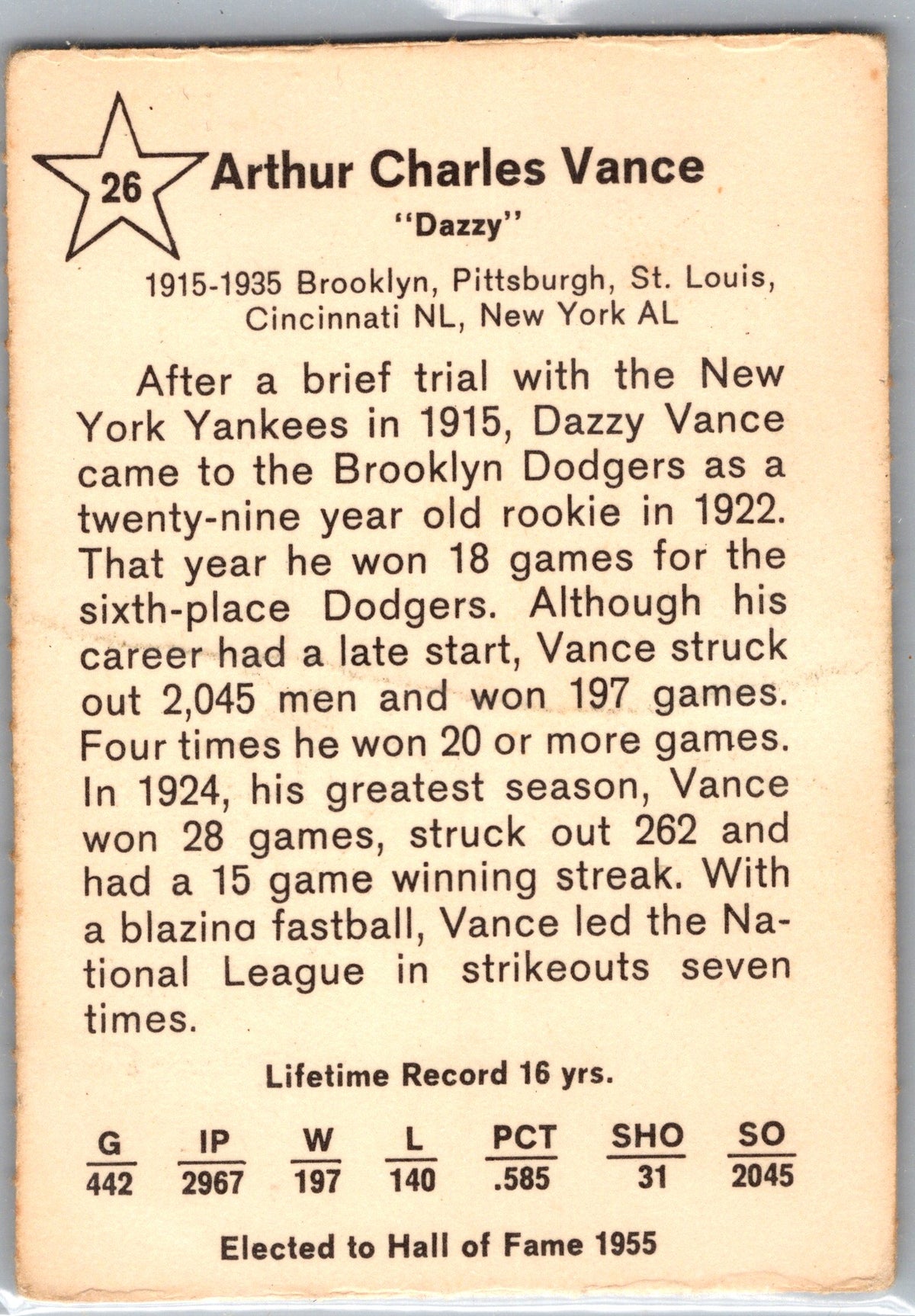 1961 Golden Press Hall of Fame Baseball Stars #26 Dazzy Vance