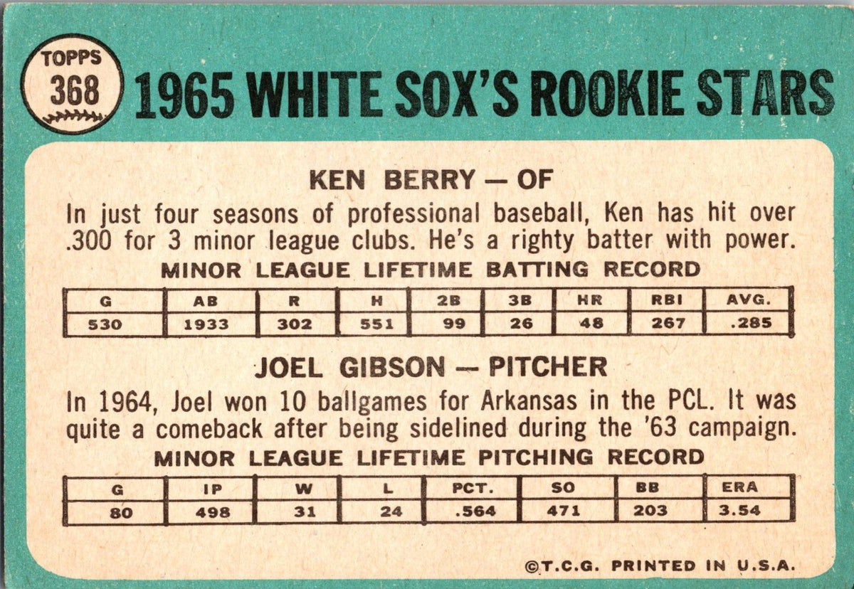 1965 Topps #368 White Sox 1965 Rookie Stars (Ken Berry / Joel Gibson)