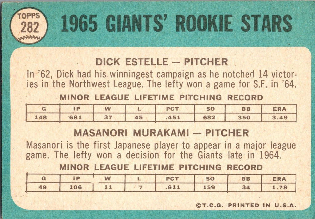 1965 Topps #282 Giants 1965 Rookie Stars (Dick Estelle / Masanori Murakami)