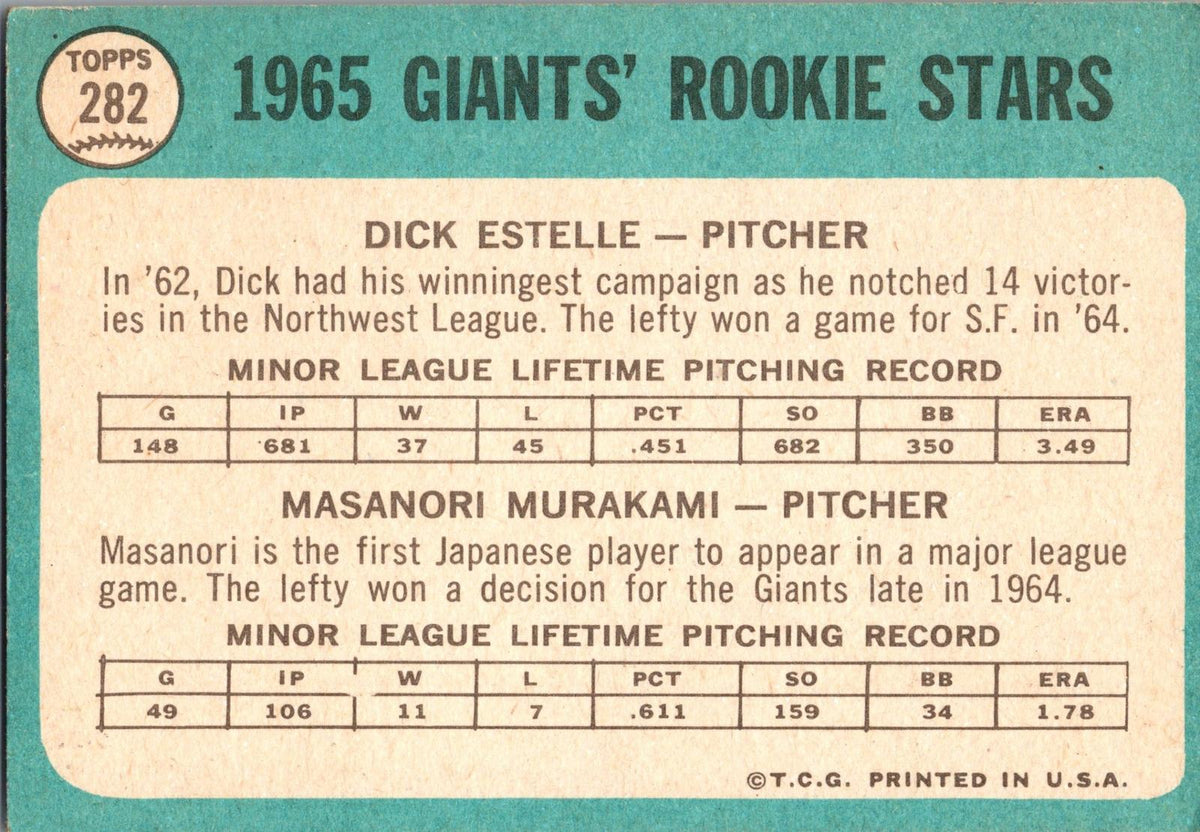 1965 Topps #282 Giants 1965 Rookie Stars (Dick Estelle / Masanori Murakami)