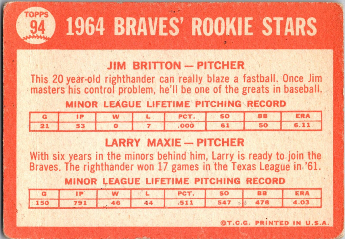 1964 Topps #94 Braves 1964 Rookie Stars (Jim Britton / Larry Maxie)