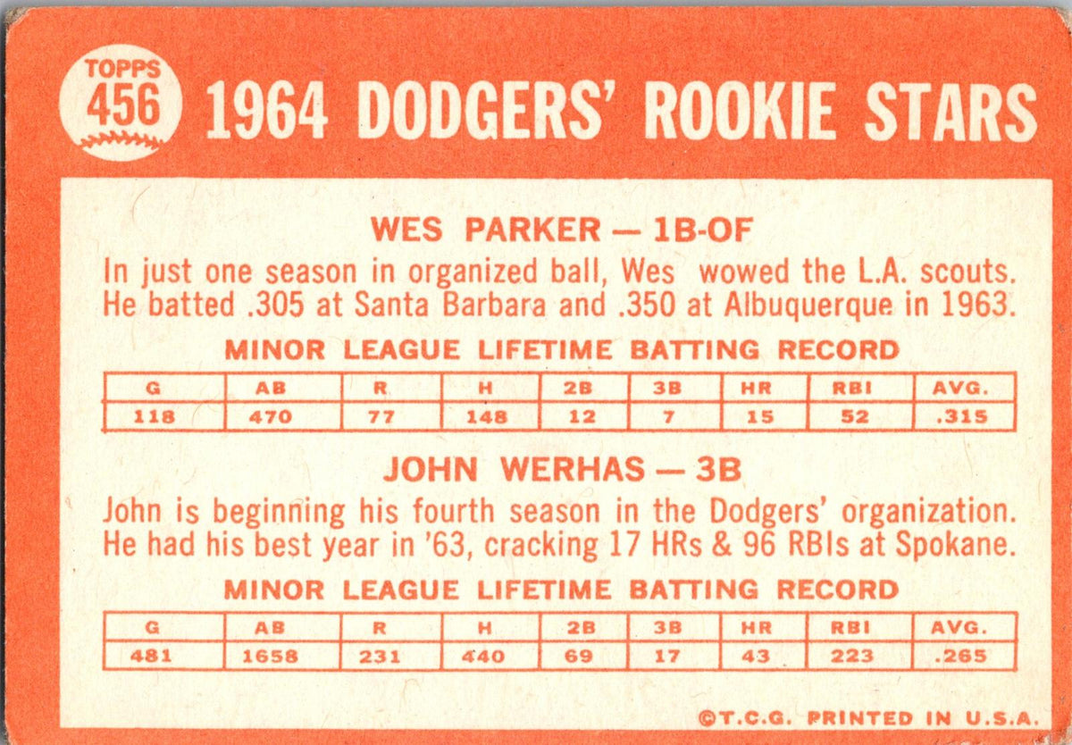 1964 Topps #456 Dodgers 1964 Rookie Stars (Wes Parker / John Werhas)