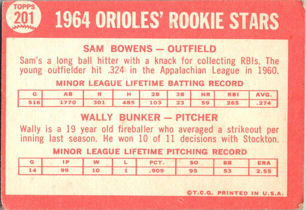 1964 Topps #201 Orioles 1964 Rookie Stars (Sam Bowens / Wally Bunker)