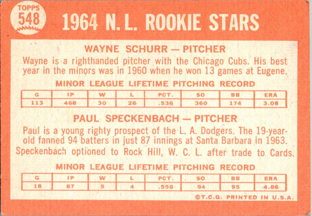1964 Topps #548 N. League 1964 Rookie Stars (Wayne Schurr / Paul Speckenbach)