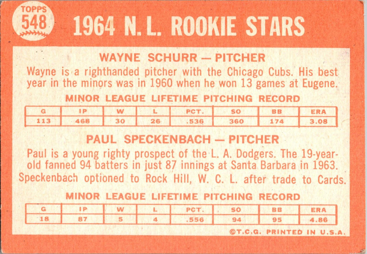 1964 Topps #548 N. League 1964 Rookie Stars (Wayne Schurr / Paul Speckenbach)