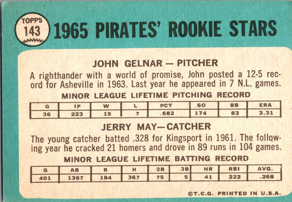 1965 Topps #143 Pirates 1965 Rookie Stars (John Gelnar / Jerry May)