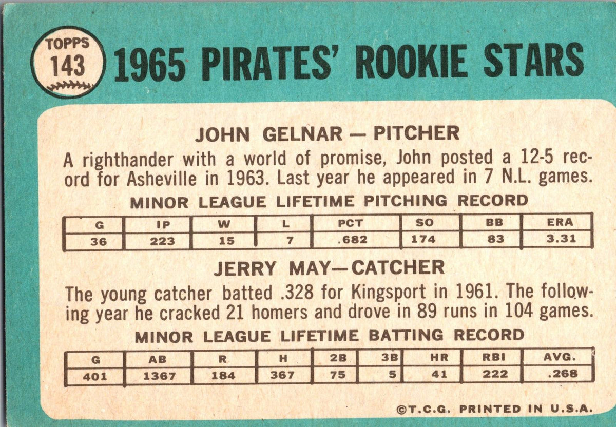 1965 Topps #143 Pirates 1965 Rookie Stars (John Gelnar / Jerry May)