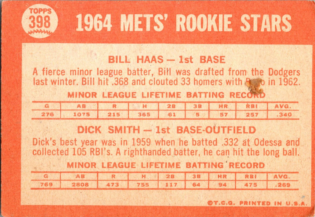 1964 Topps #398 Mets 1964 Rookie Stars (Bill Haas / Dick Smith)