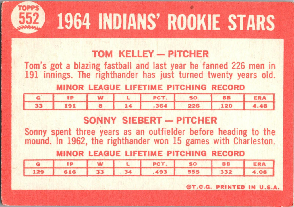1964 Topps #552 Indians 1964 Rookie Stars (Tom Kelley / Sonny Siebert)
