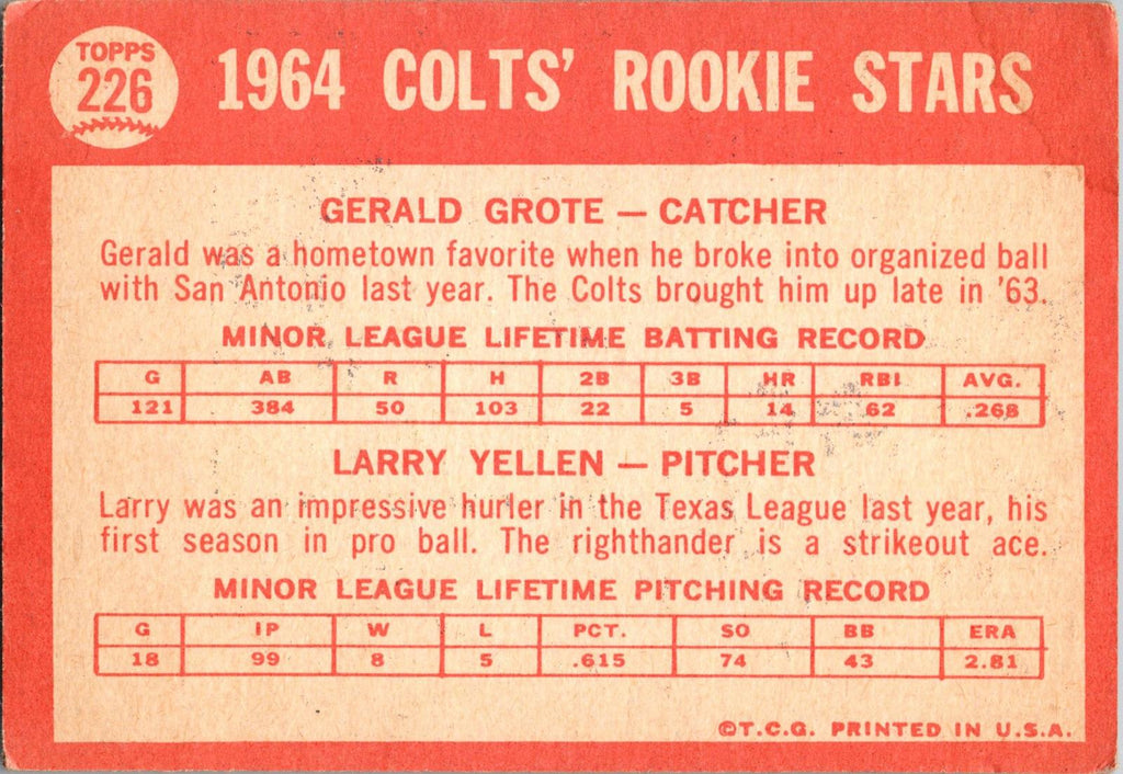 1964 Topps #226 Colts 1964 Rookie Stars (Gerald Grote / Larry Yellen)