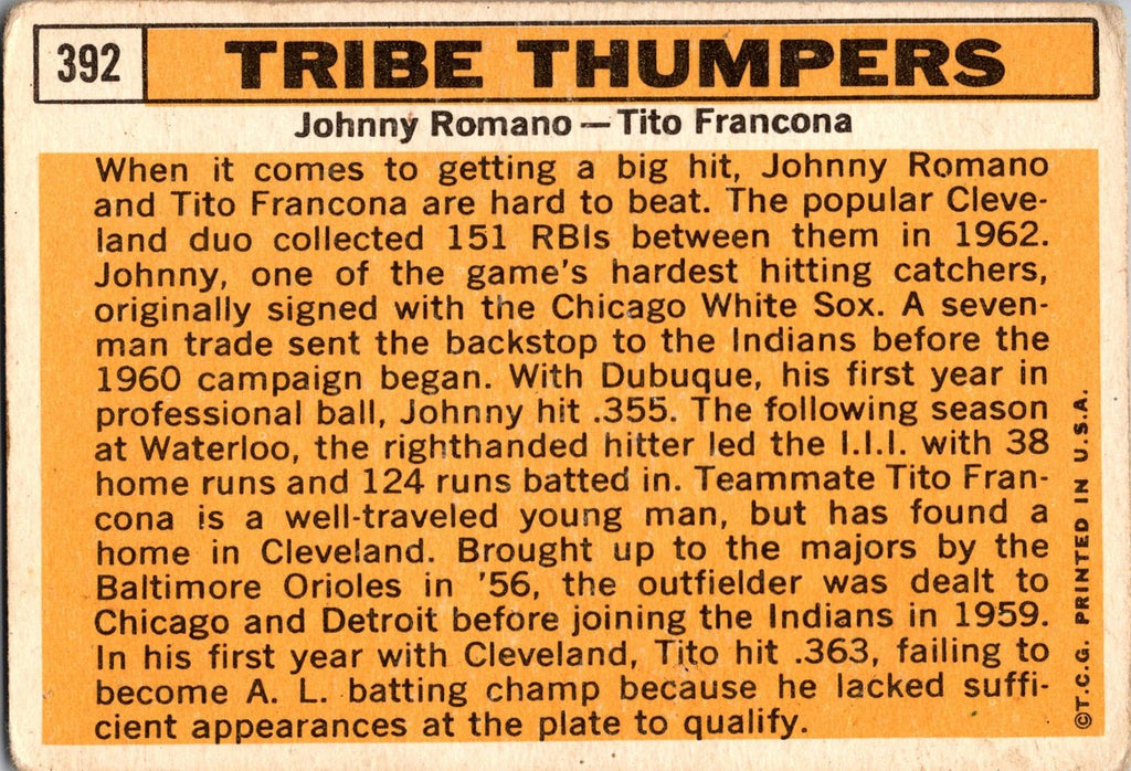 1963 Topps #392 Tribe Thumpers (Tito Francona / Johnny Romano)