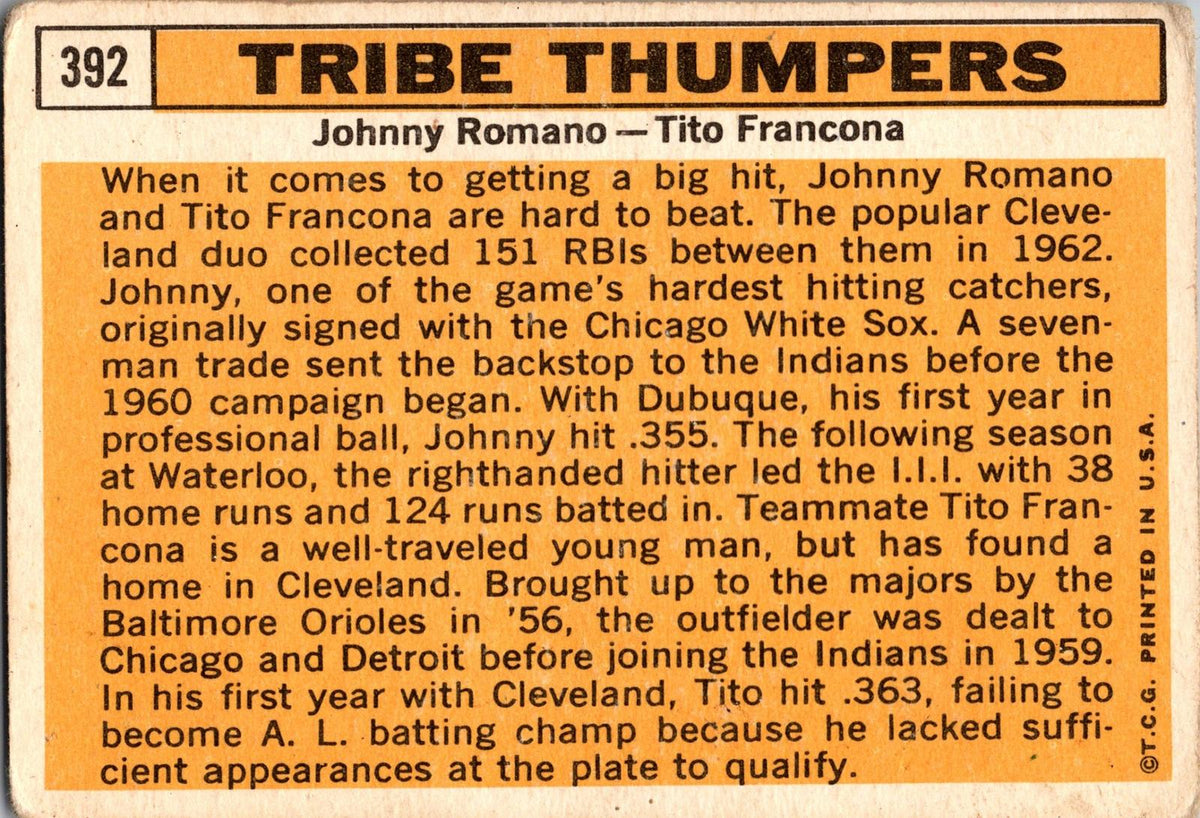 1963 Topps #392 Tribe Thumpers (Tito Francona / Johnny Romano)