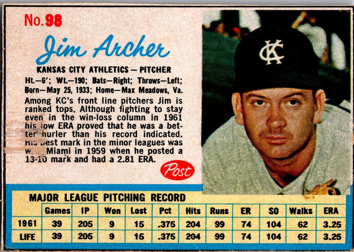 1962 Post Cereal #98 Jim Archer