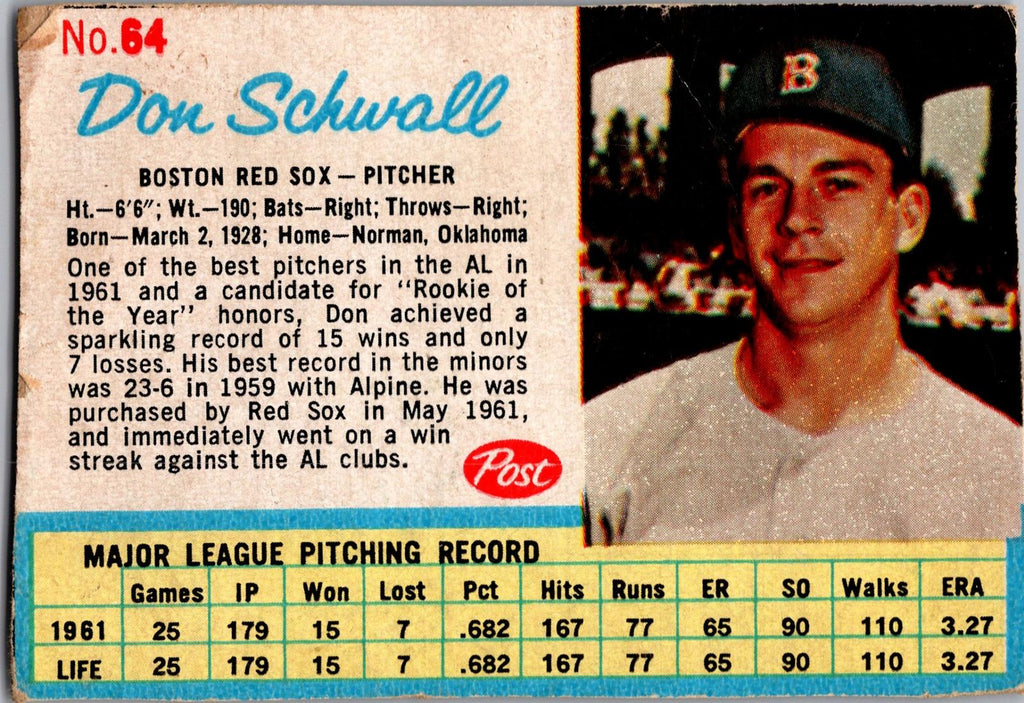 1962 Post Cereal #64 Don Schwall