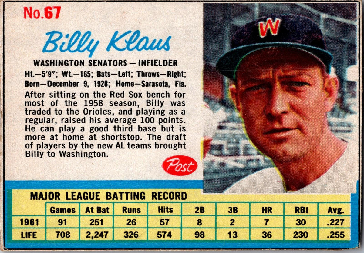 1962 Post Cereal #67 Billy Klaus
