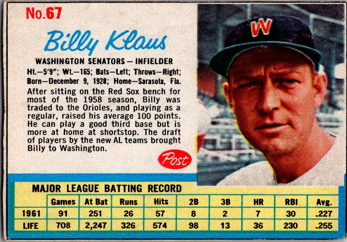 1962 Post Cereal #67 Billy Klaus