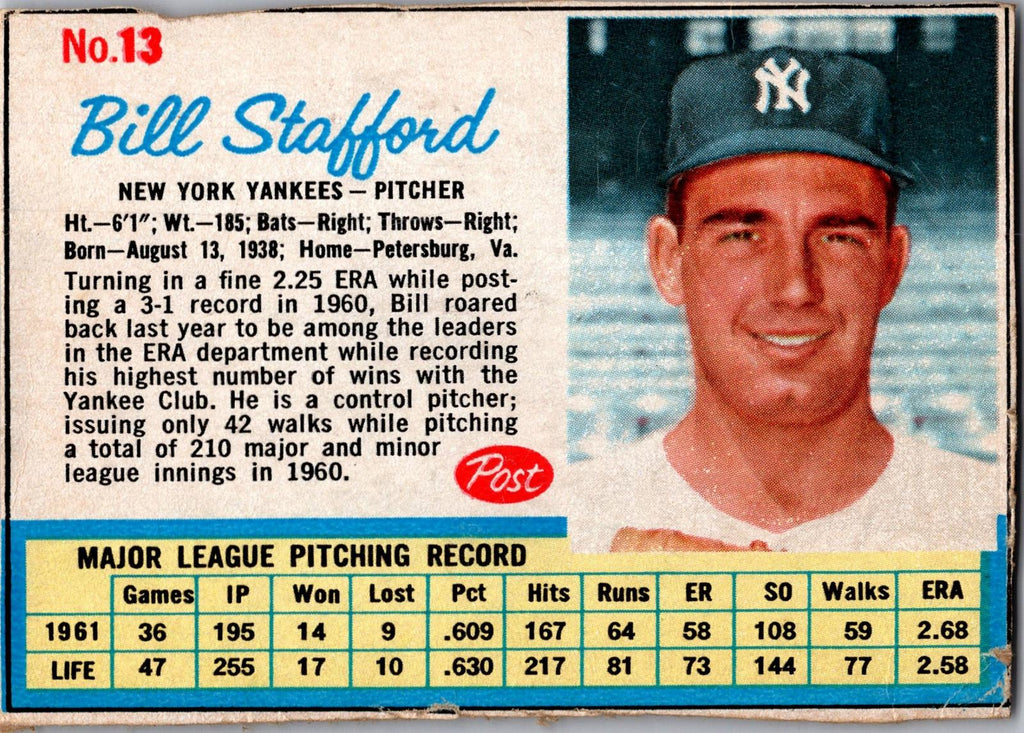 1962 Post Cereal #13 Bill Stafford