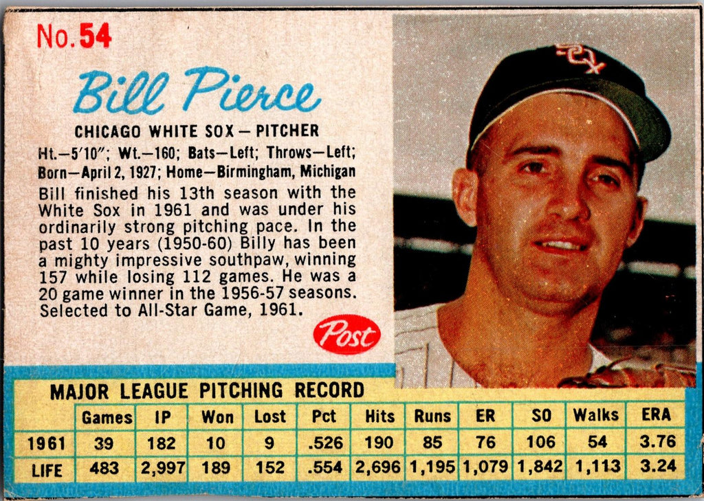 1962 Post Cereal #54 Bill Pierce