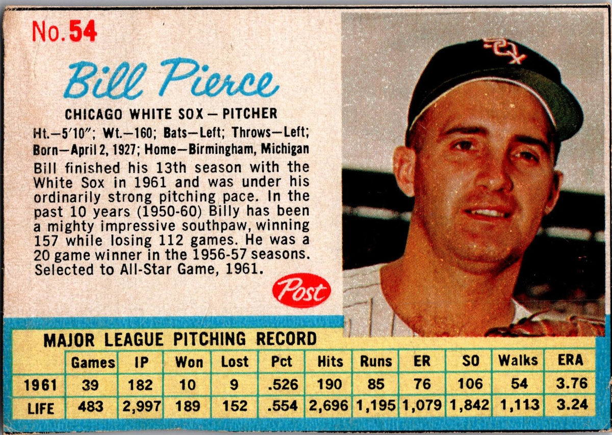 1962 Post Cereal #54 Bill Pierce