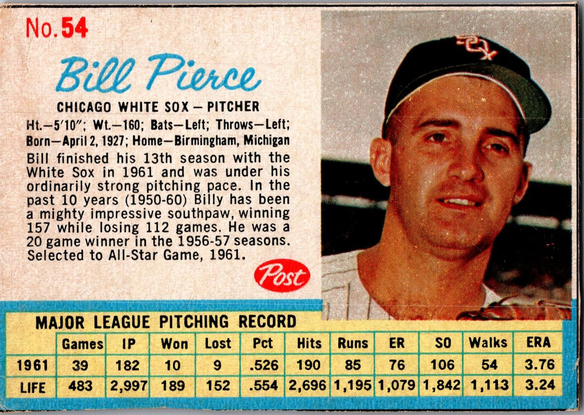 1962 Post Cereal #54 Bill Pierce