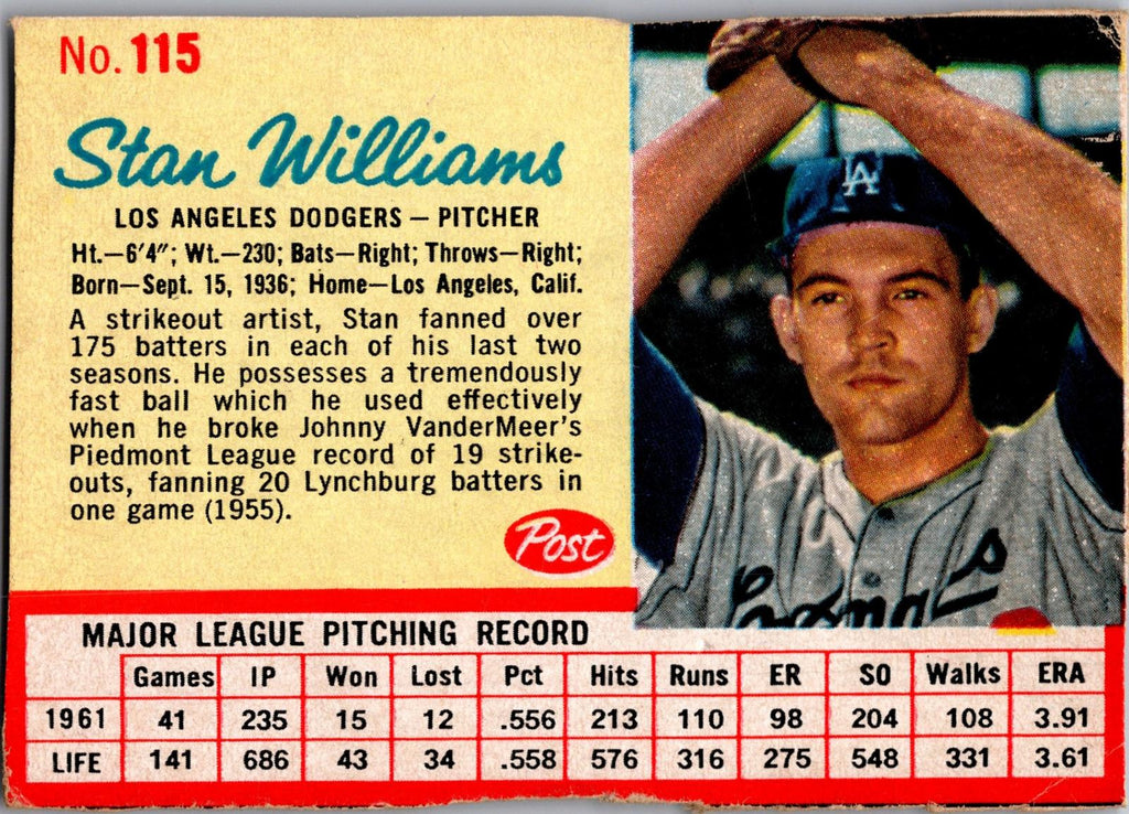 1962 Post Cereal #115 Stan Williams