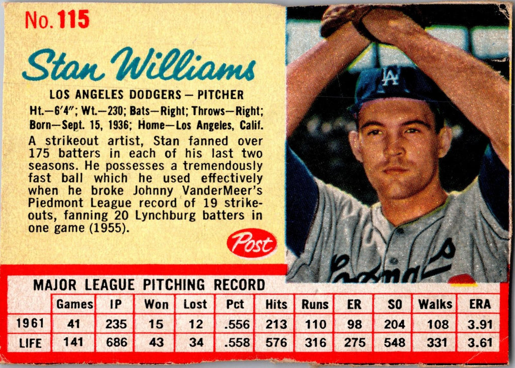 1962 Post Cereal #115 Stan Williams